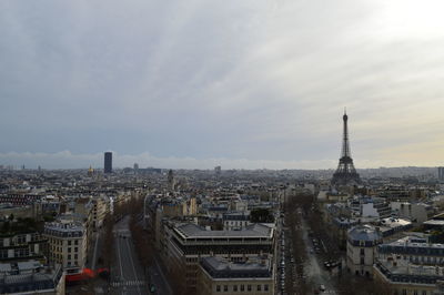 High angle view of city buildings against sky