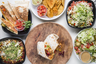 High angle view of food served on table