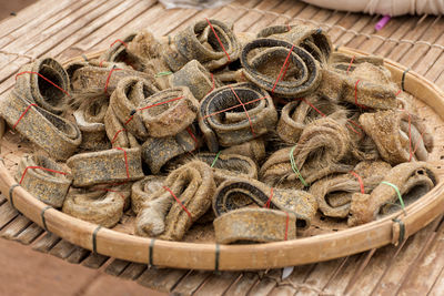 High angle view of wicker basket