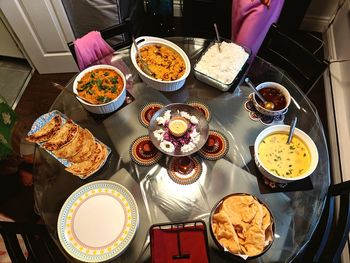 High angle view of meal served on table