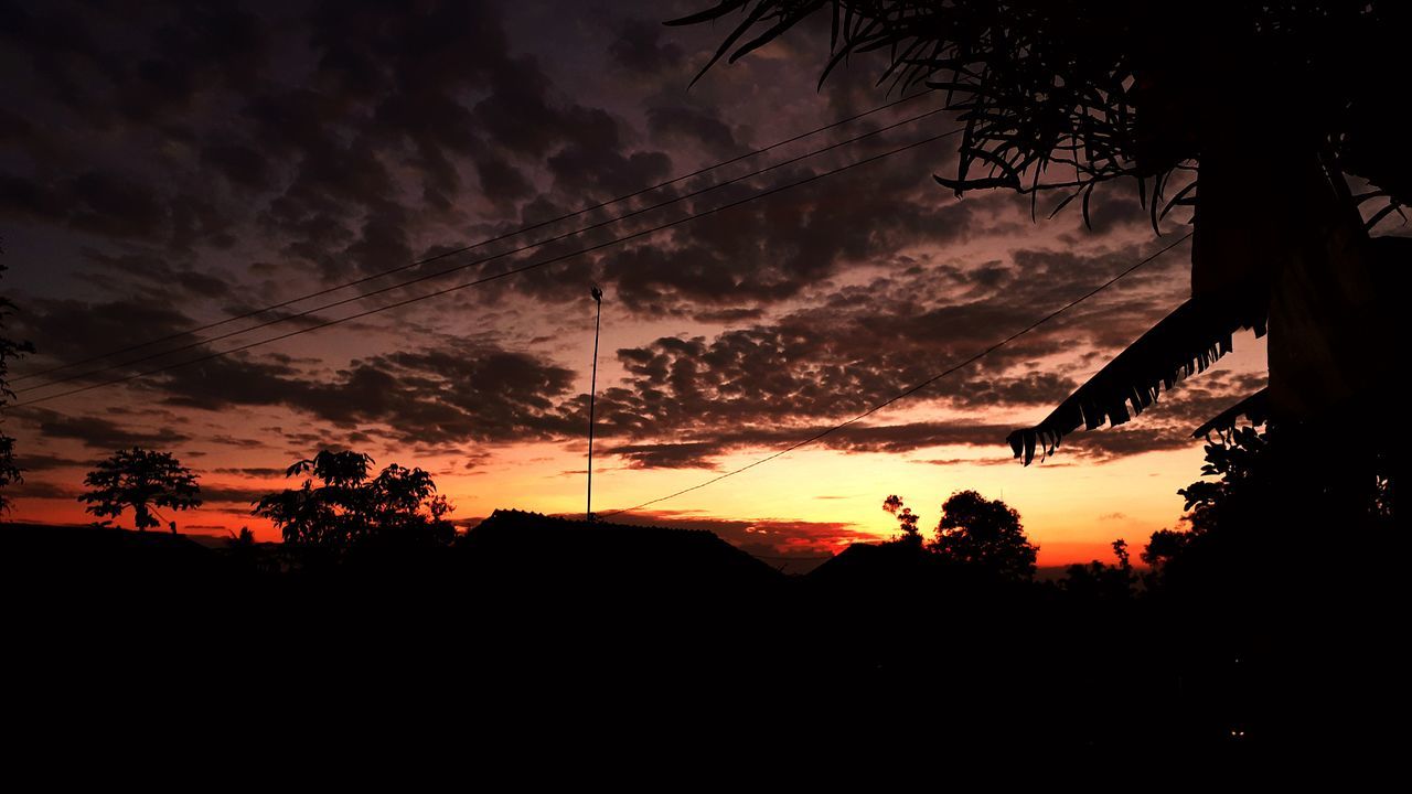 sunset, silhouette, sky, cloud - sky, orange color, tree, beauty in nature, scenics - nature, plant, tranquil scene, nature, tranquility, idyllic, outdoors, cable, environment, dramatic sky, land, power line, technology, electricity, dark, power supply