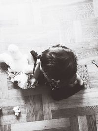 High angle view of dog sitting on hardwood floor