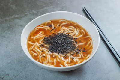 High angle view of noodles in bowl