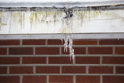 Close-up of icicles against wall