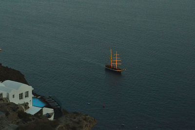 High angle view of boats sailing in sea against sky