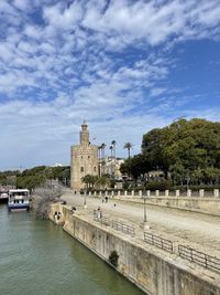 Buildings by river against sky