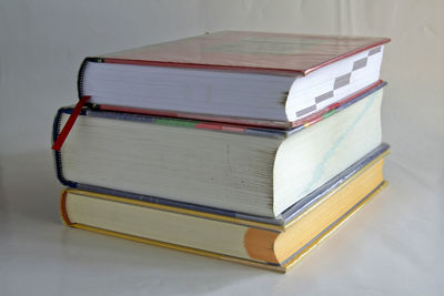 High angle view of books on table