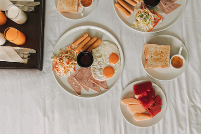 High angle view of breakfast served on table