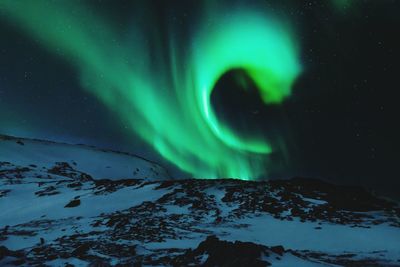 Scenic view of snowcapped mountains against aurora borealis in sky