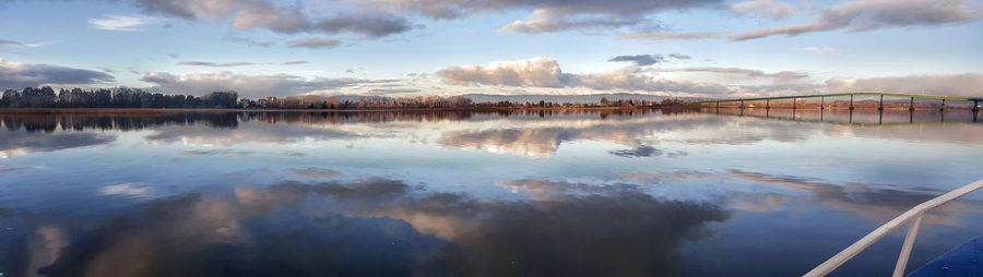 Panoramic shot of reflection of clouds in water