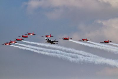 Low angle view of fighter planes flying against sky