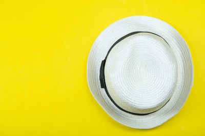 Directly above shot of hat against yellow wall
