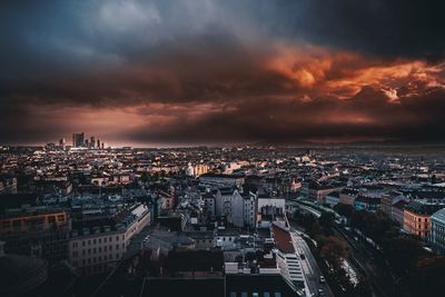 High angle view of cityscape against sky during sunset