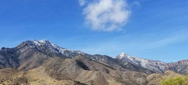 Low angle view of snowcapped mountains against blue sky