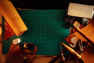 High angle view of work tools on table