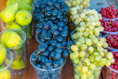 High angle view of grapes for sale in market