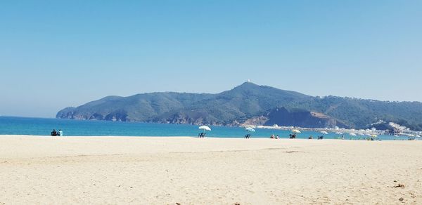 Scenic view of beach against clear blue sky