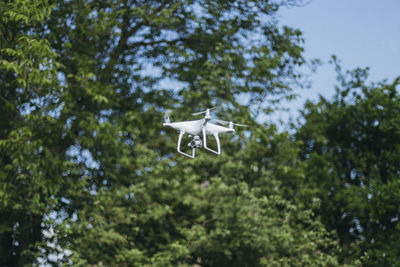 Low angle view of drone flying against trees