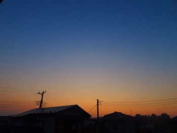 Silhouette electricity pylons against clear sky during sunset