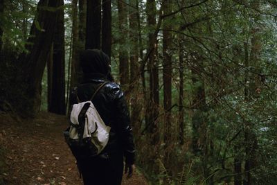 Rear view of person standing on dirt road against trees at forest