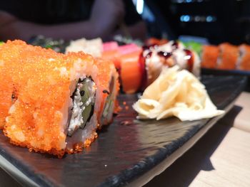 Close-up of sushi served in plate on table