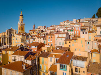 High angle view of buildings in city