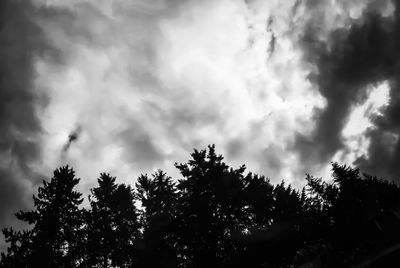 Low angle view of trees against cloudy sky