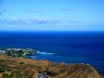 Scenic view of sea against blue sky