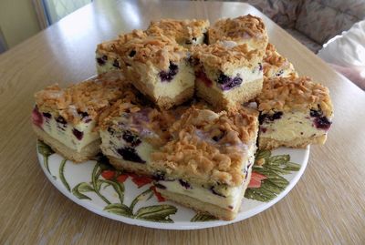 High angle view of dessert in plate on table