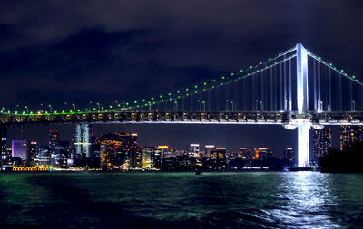 Illuminated city by sea against sky at night