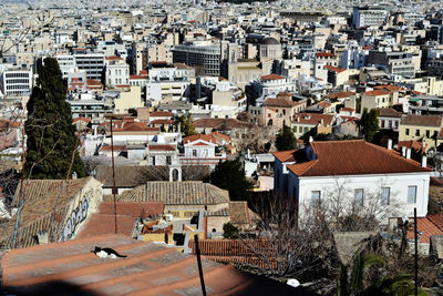 High angle view of buildings in city