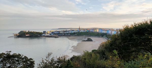 High angle view of bridge over sea against sky