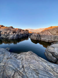 Scenic view of rock formations against clear blue sky