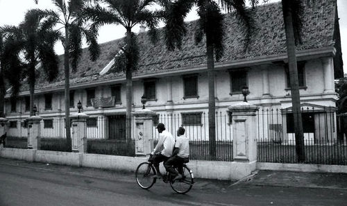 Man cycling on street in city