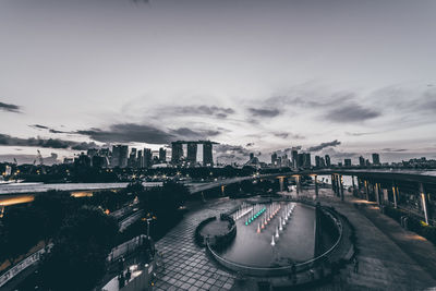 High angle view of cityscape against cloudy sky