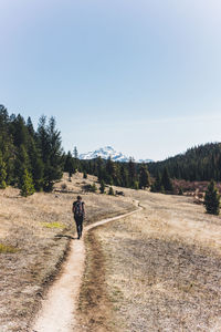 Rear view of man walking on road against sky