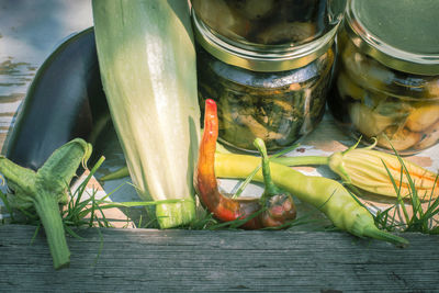 High angle view of vegetables on table