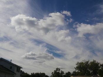 Low angle view of trees against cloudy sky