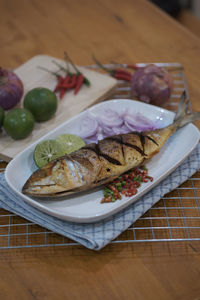 High angle view of food in plate on table