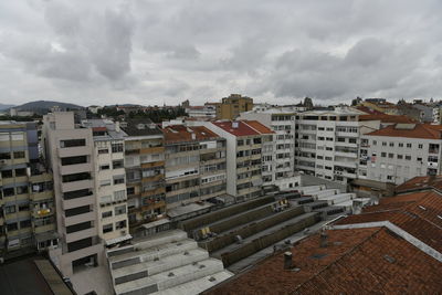 High angle view of buildings against sky