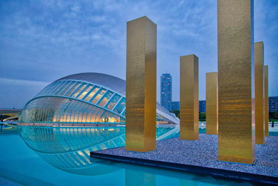 Reflection of buildings in swimming pool