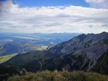 Scenic view of mountains against cloudy sky