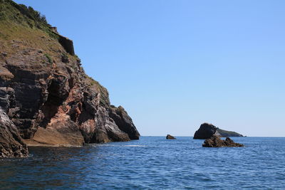 Scenic view of sea against clear blue sky