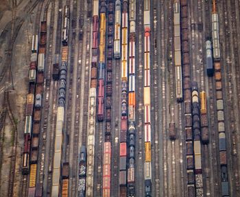 Aerial view of trains on railroad tracks