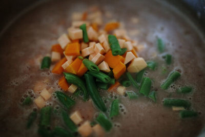 High angle view of chopped vegetables in container