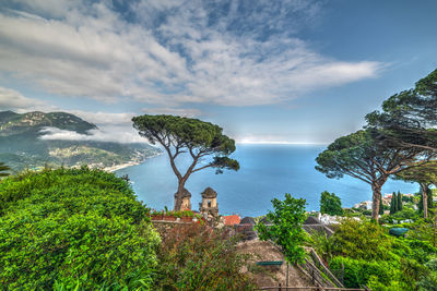 High angle view of trees by sea against sky