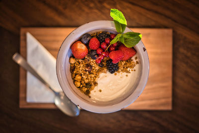 High angle view of food in bowl on table