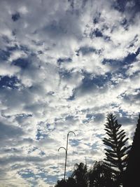 Low angle view of trees against cloudy sky