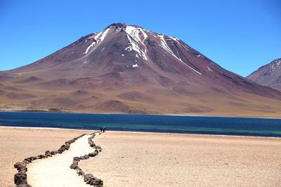 River and mountains against clear sky on sunny day at atacama desert