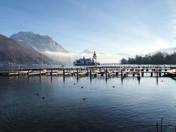Schloss orth castle on lake traunsee in winter, gmunden -upper austria 